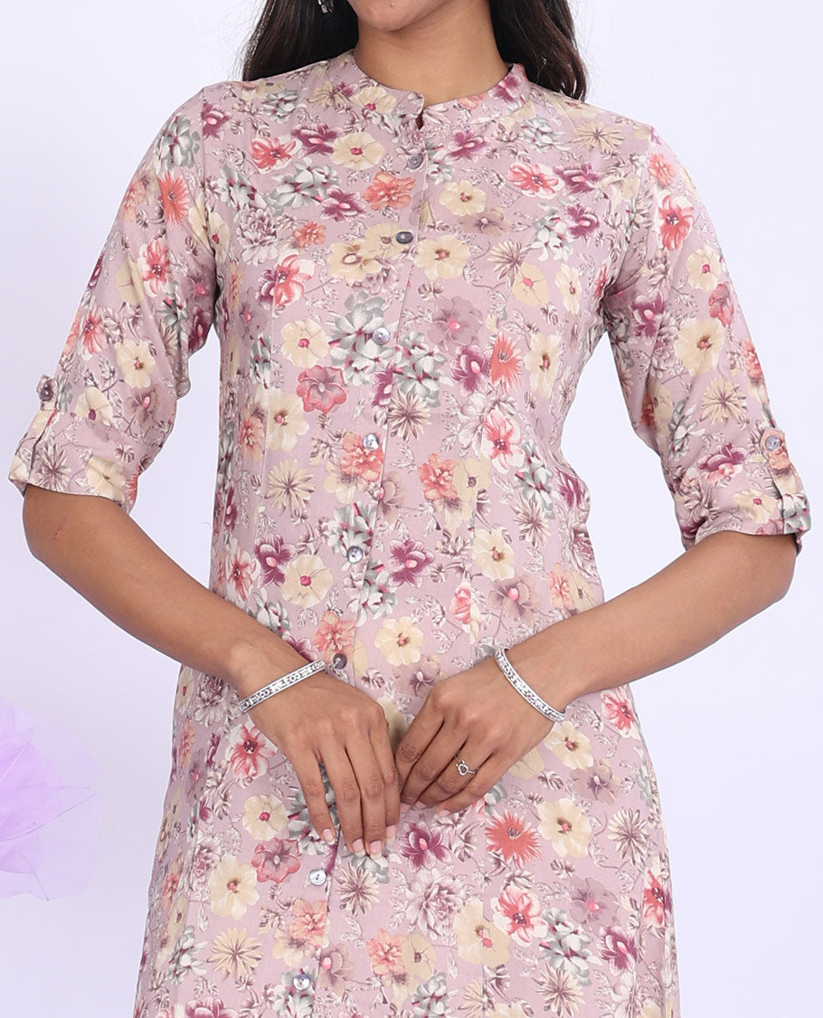 Twara pink floral printed Chinese collar with 3/4th sleeve rayon a-line below-knee kurti