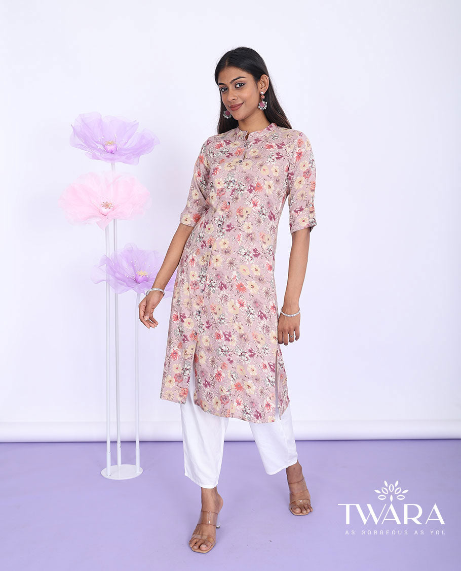 Twara pink floral printed Chinese collar with 3/4th sleeve rayon a-line below-knee kurti