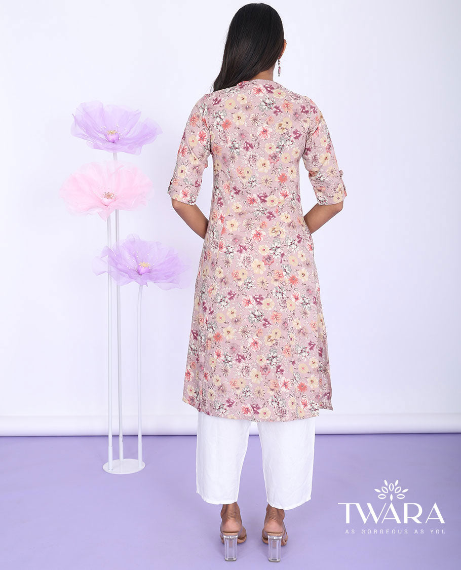 Twara pink floral printed Chinese collar with 3/4th sleeve rayon a-line below-knee kurti
