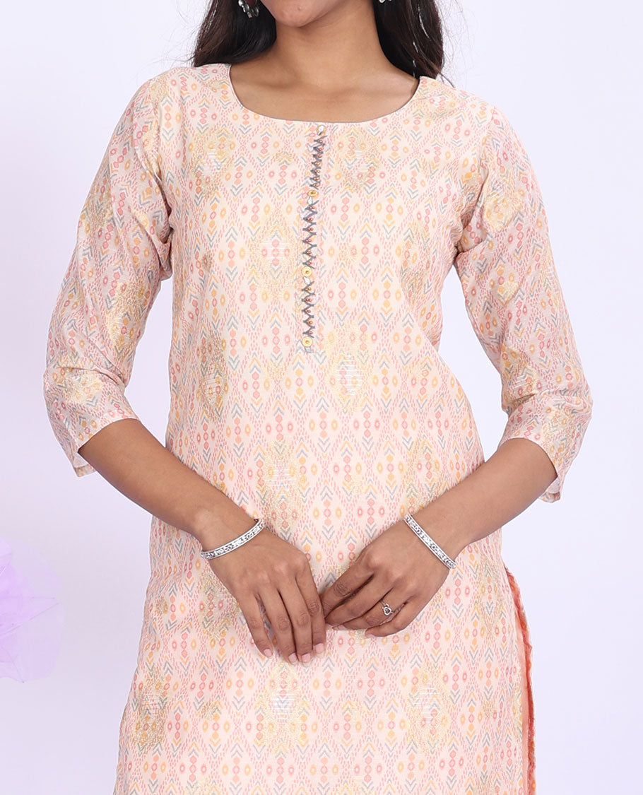 Twara multi-color argyle design printed round neck with 3/4th sleeve tissue straight-cut knee-length kurti