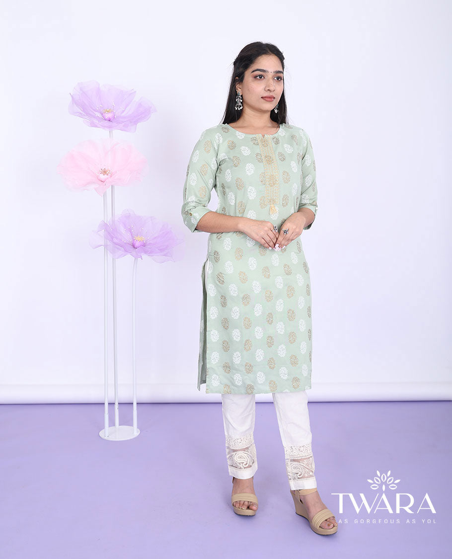 Twara green unique motifs printed round neck with 3/4th sleeve rayon straight-cut knee-length kurti