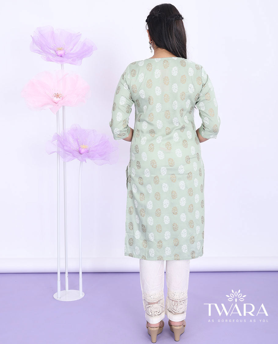Twara green unique motifs printed round neck with 3/4th sleeve rayon straight-cut knee-length kurti