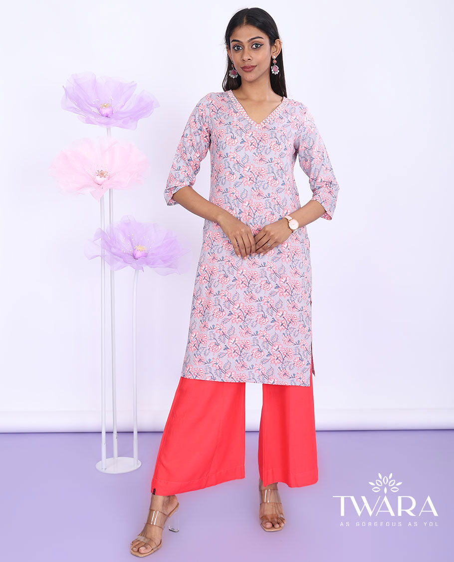 Twara grey floral vine printed v-neck with 3/4th sleeve cotton straight-cut knee-length kurti