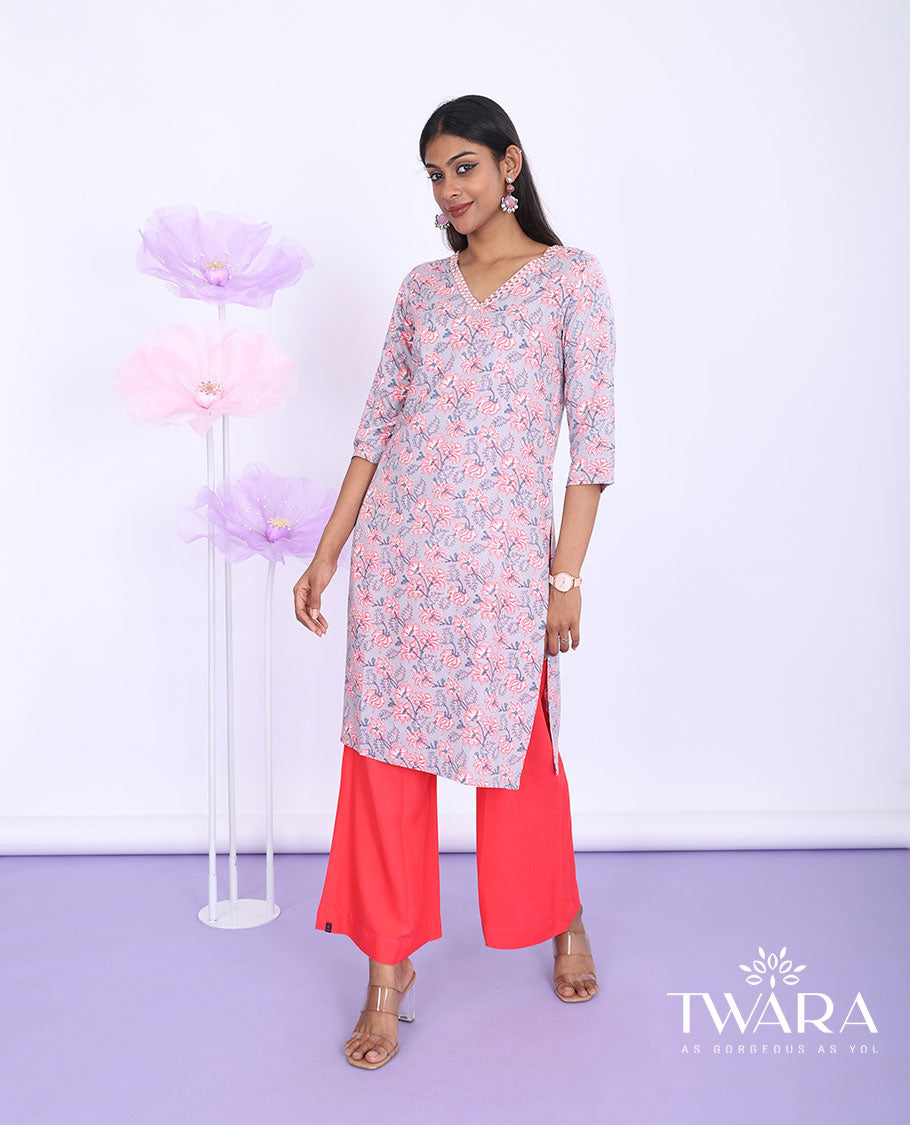 Twara grey floral vine printed v-neck with 3/4th sleeve cotton straight-cut knee-length kurti
