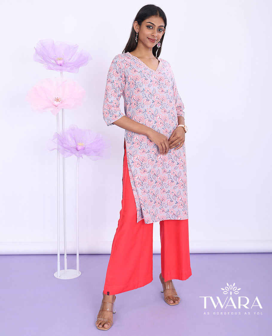 Twara grey floral vine printed v-neck with 3/4th sleeve cotton straight-cut knee-length kurti