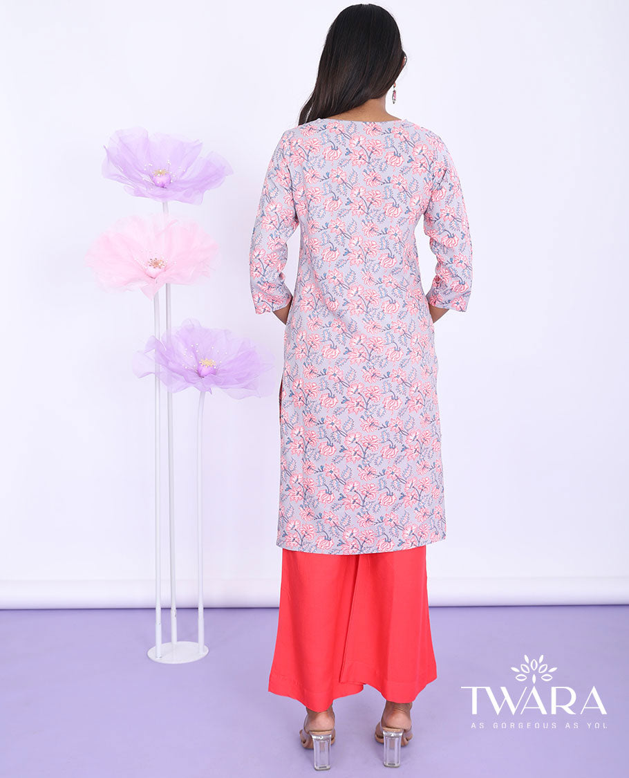 Twara grey floral vine printed v-neck with 3/4th sleeve cotton straight-cut knee-length kurti
