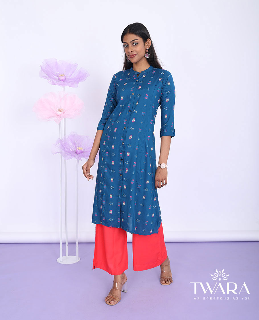 Twara blue unique motifs printed Chinese collar with 3/4th sleeve rayon straight-cut knee-length kurti