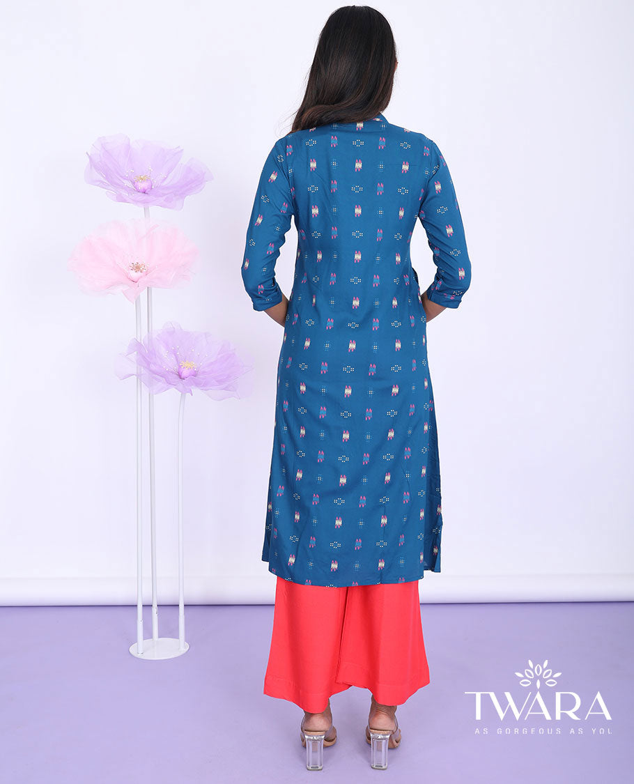 Twara blue unique motifs printed Chinese collar with 3/4th sleeve rayon straight-cut knee-length kurti