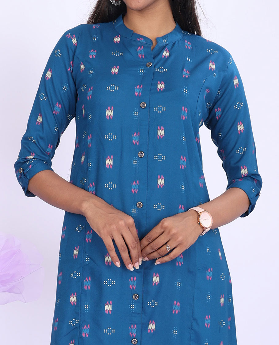 Twara blue unique motifs printed Chinese collar with 3/4th sleeve rayon straight-cut knee-length kurti