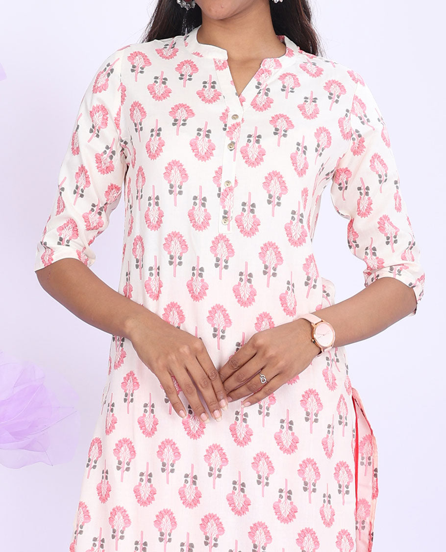 Twara cream unique motifs printed Chinese collar with 3/4th sleeve rayon straight-cut knee-length kurti