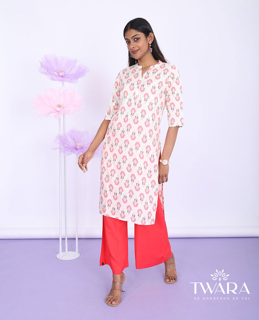 Twara cream unique motifs printed Chinese collar with 3/4th sleeve rayon straight-cut knee-length kurti