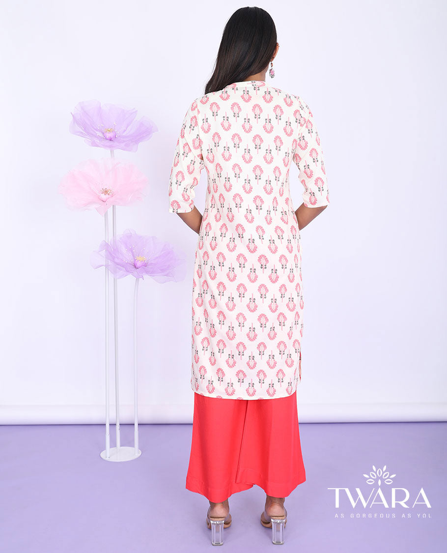 Twara cream unique motifs printed Chinese collar with 3/4th sleeve rayon straight-cut knee-length kurti