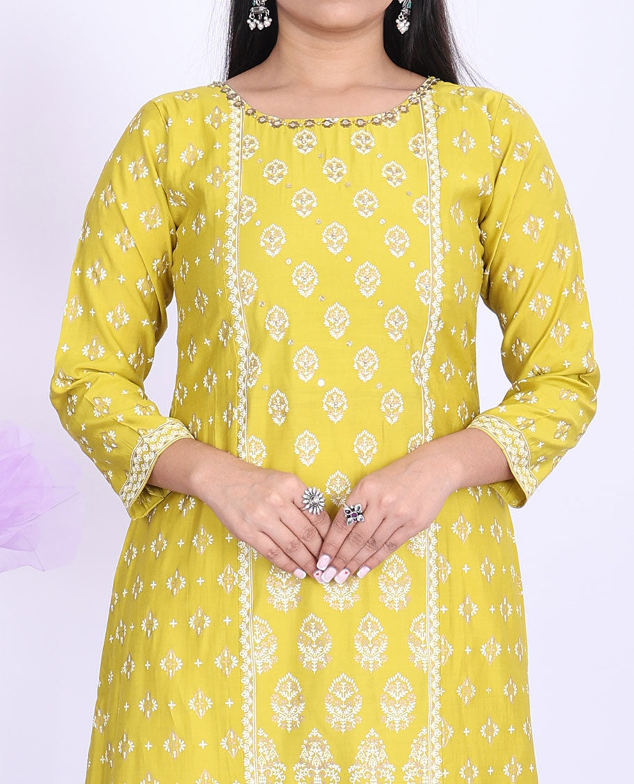 Twara yellow unique motifs & embroidery round neck with 3/4th sleeve muslin a-line calf-length kurti