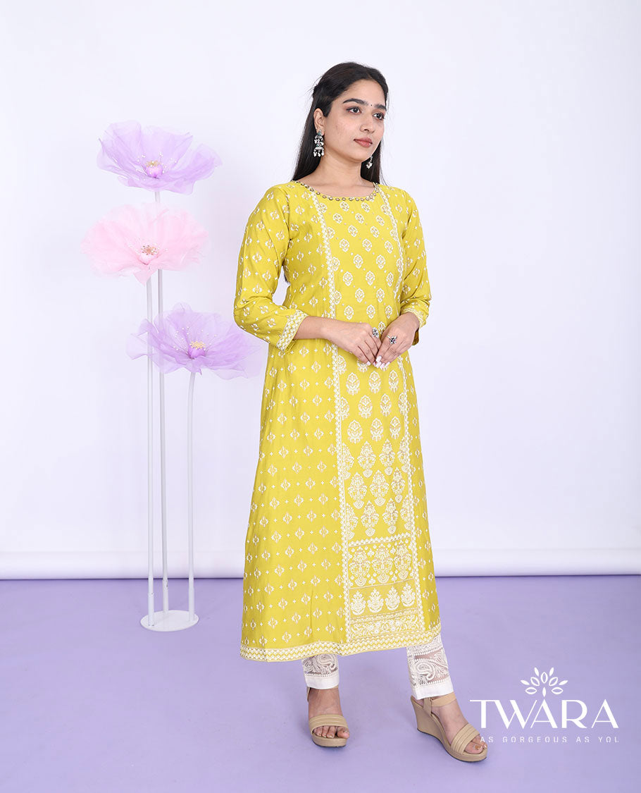 Twara yellow unique motifs & embroidery round neck with 3/4th sleeve muslin a-line calf-length kurti