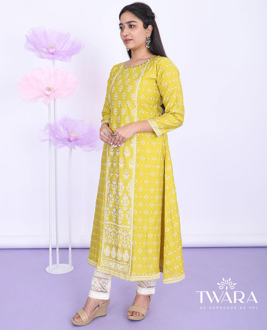 Twara yellow unique motifs & embroidery round neck with 3/4th sleeve muslin a-line calf-length kurti