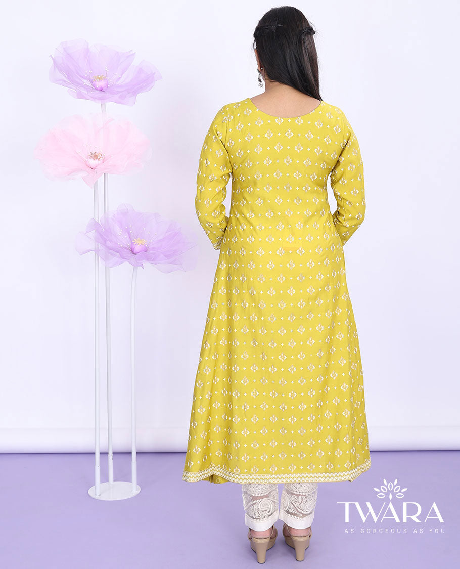 Twara yellow unique motifs & embroidery round neck with 3/4th sleeve muslin a-line calf-length kurti