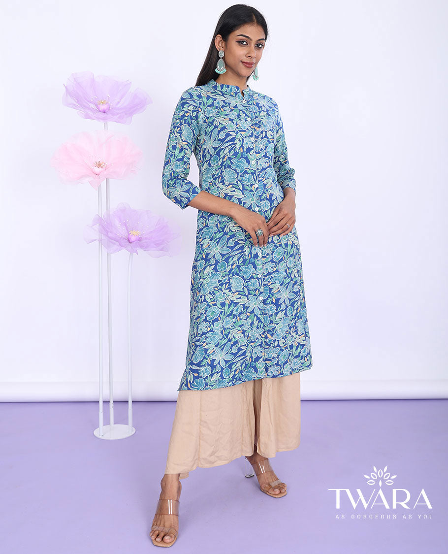 Twara blue floral vine printed Chinese collar with 3/4th sleeve cotton a-line calf-length kurti