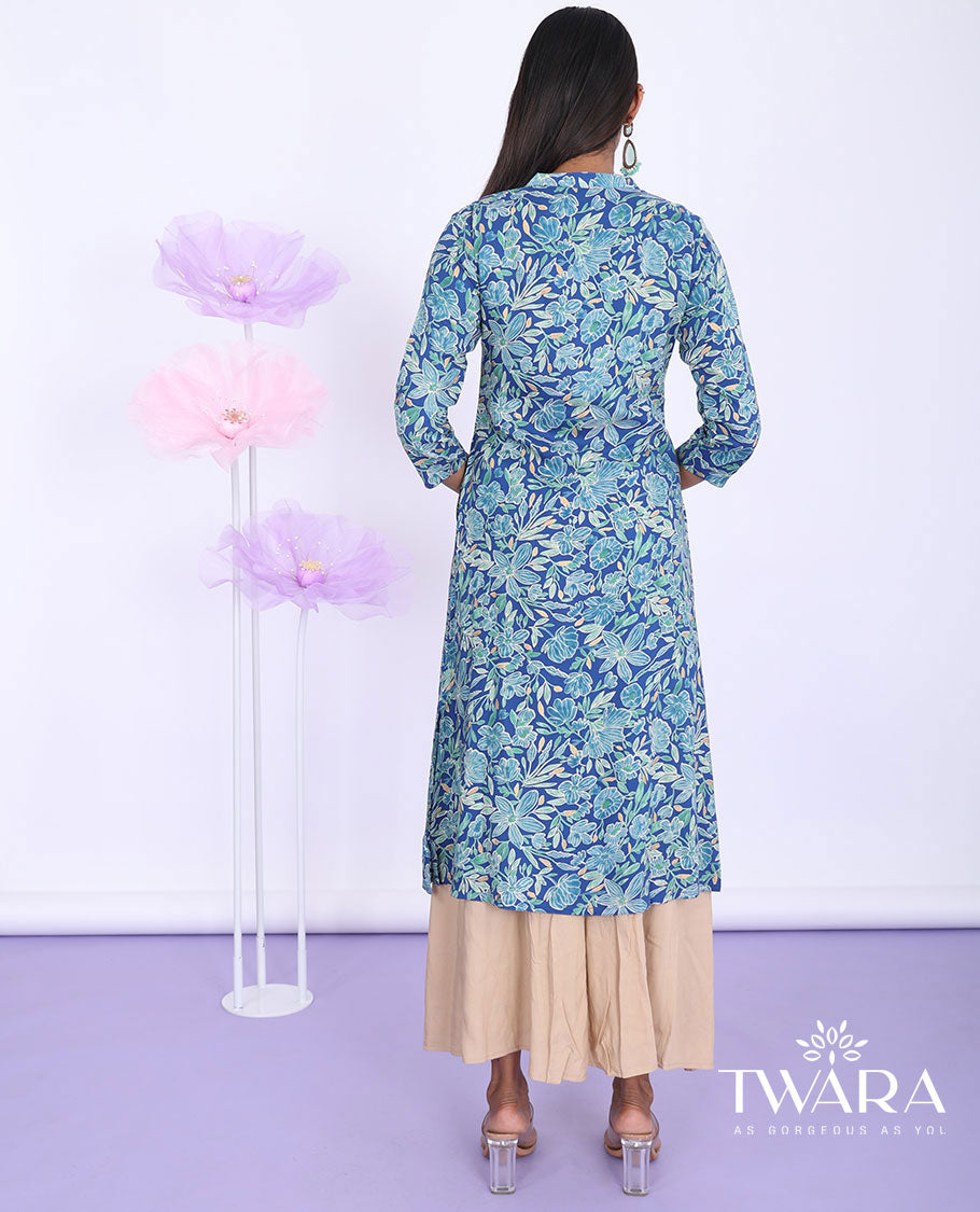 Twara blue floral vine printed Chinese collar with 3/4th sleeve cotton a-line calf-length kurti