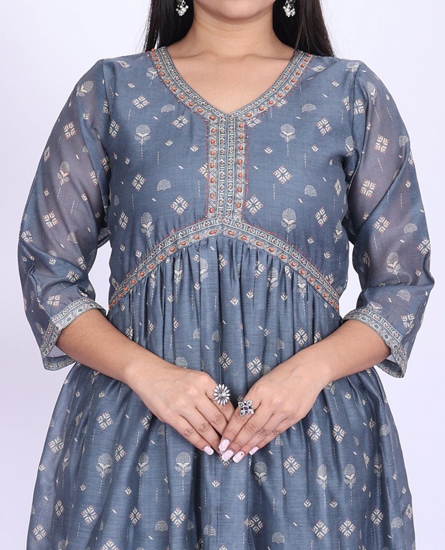 Twara grey unique motifs printed alia-cut with 3/4th sleeve tissue a-line calf-length kurti