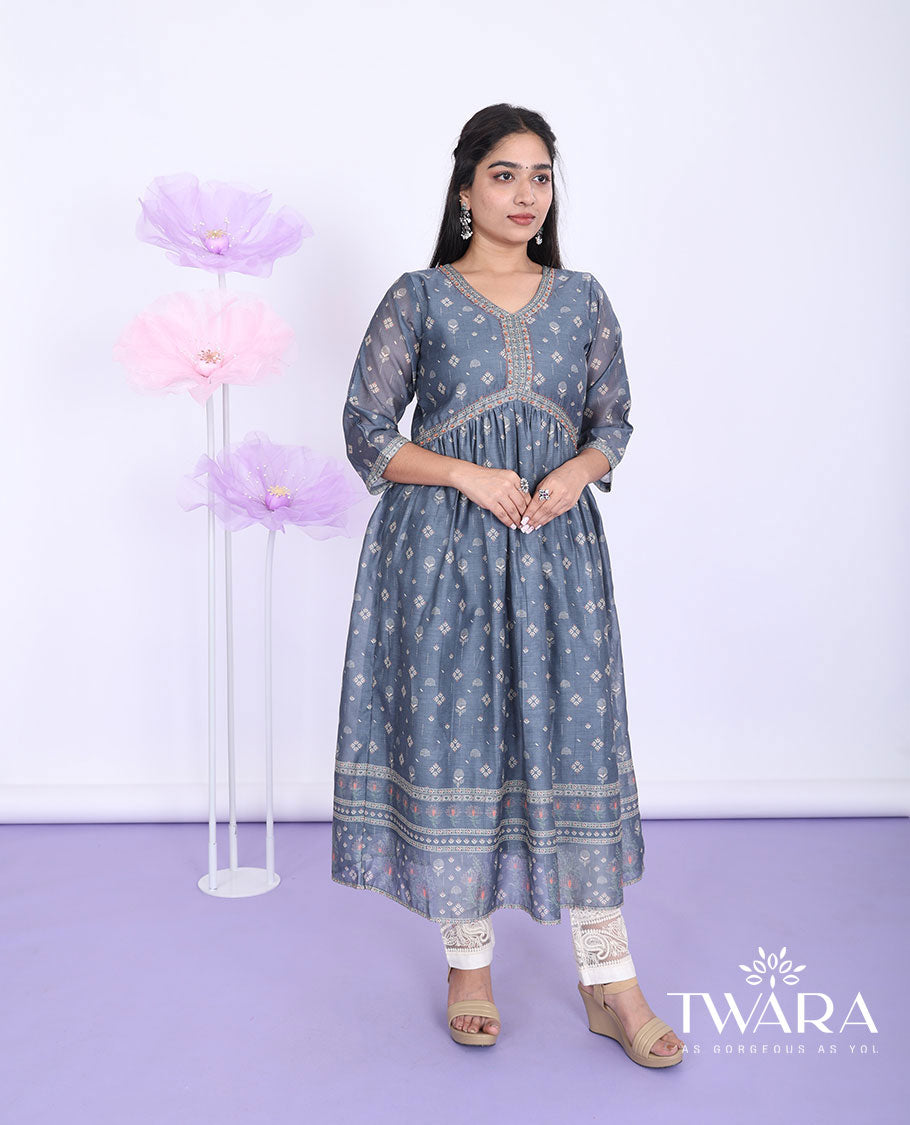 Twara grey unique motifs printed alia-cut with 3/4th sleeve tissue a-line calf-length kurti