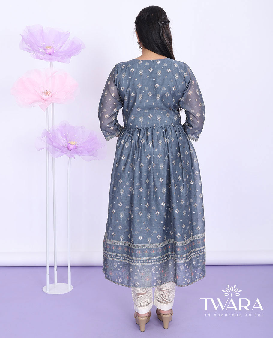 Twara grey unique motifs printed alia-cut with 3/4th sleeve tissue a-line calf-length kurti