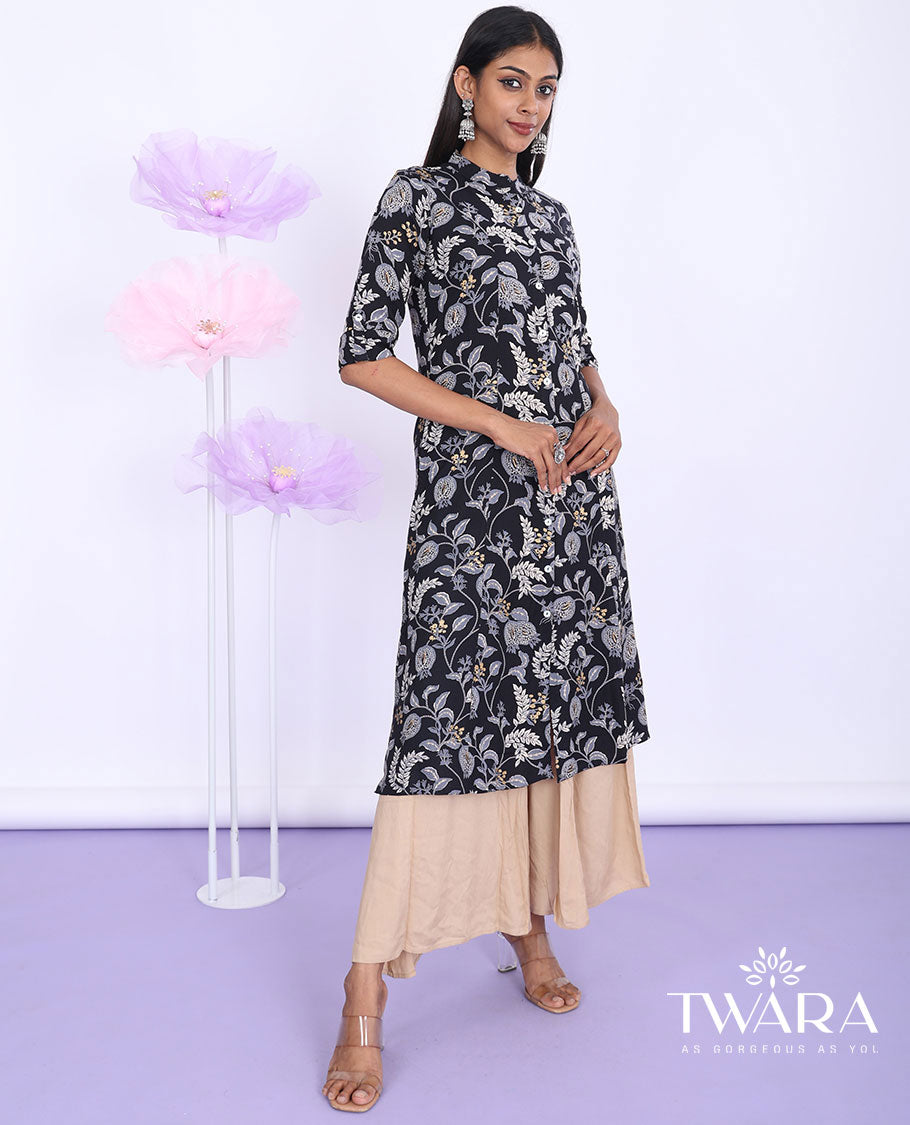 Twara black floral vine printed Chinese collar with 3/4th sleeve rayon a-line below-knee kurti