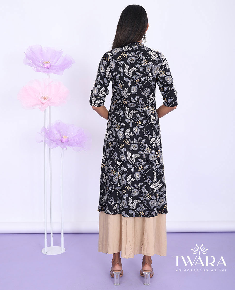 Twara black floral vine printed Chinese collar with 3/4th sleeve rayon a-line below-knee kurti