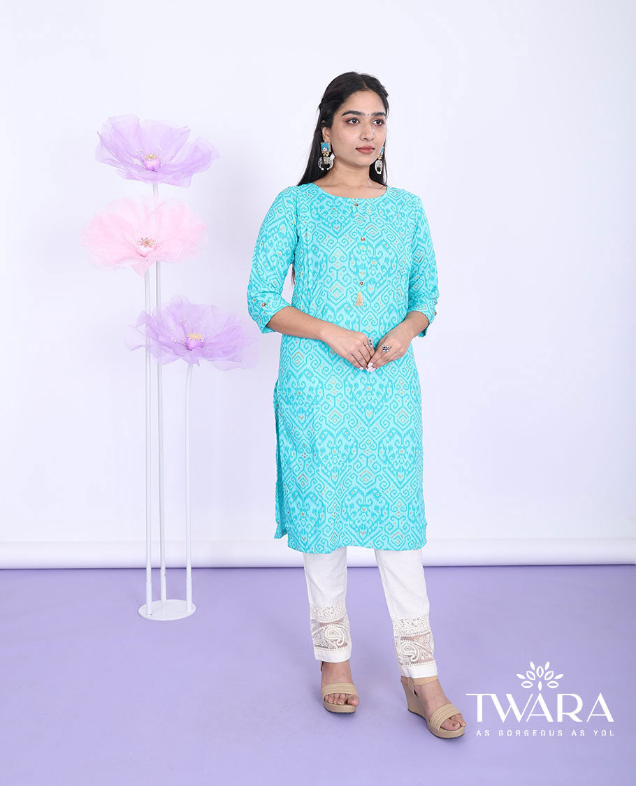 Twara blue ikkat-style intricately printed round neck with 3/4th sleeve rayon straight-cut below-knee kurti