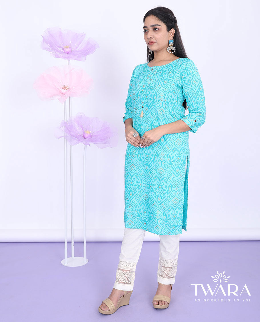 Twara blue ikkat-style intricately printed round neck with 3/4th sleeve rayon straight-cut below-knee kurti
