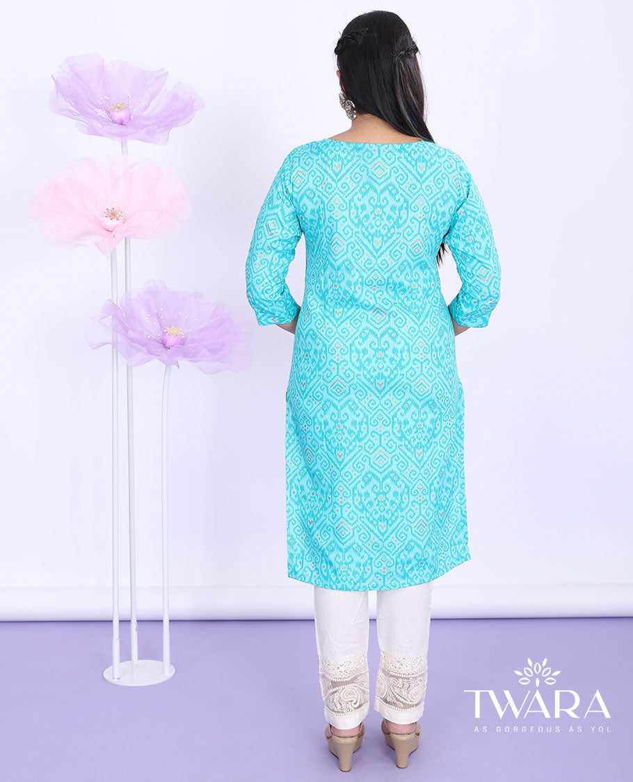Twara blue ikkat-style intricately printed round neck with 3/4th sleeve rayon straight-cut below-knee kurti