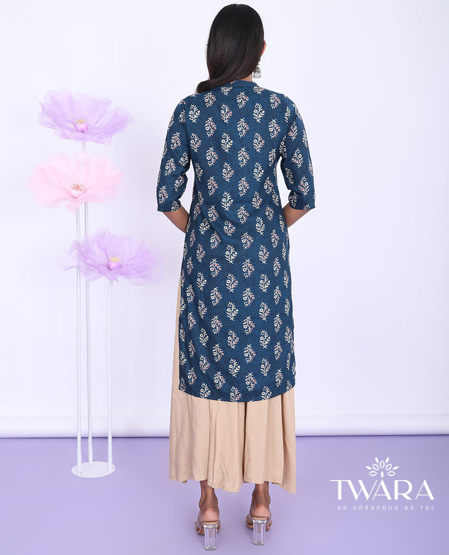Twara blue floral motifs printed Chinese collar with 3/4th sleeve rayon straight-cut knee-length kurti
