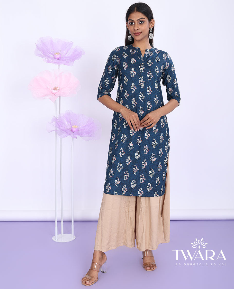 Twara blue floral motifs printed Chinese collar with 3/4th sleeve rayon straight-cut knee-length kurti