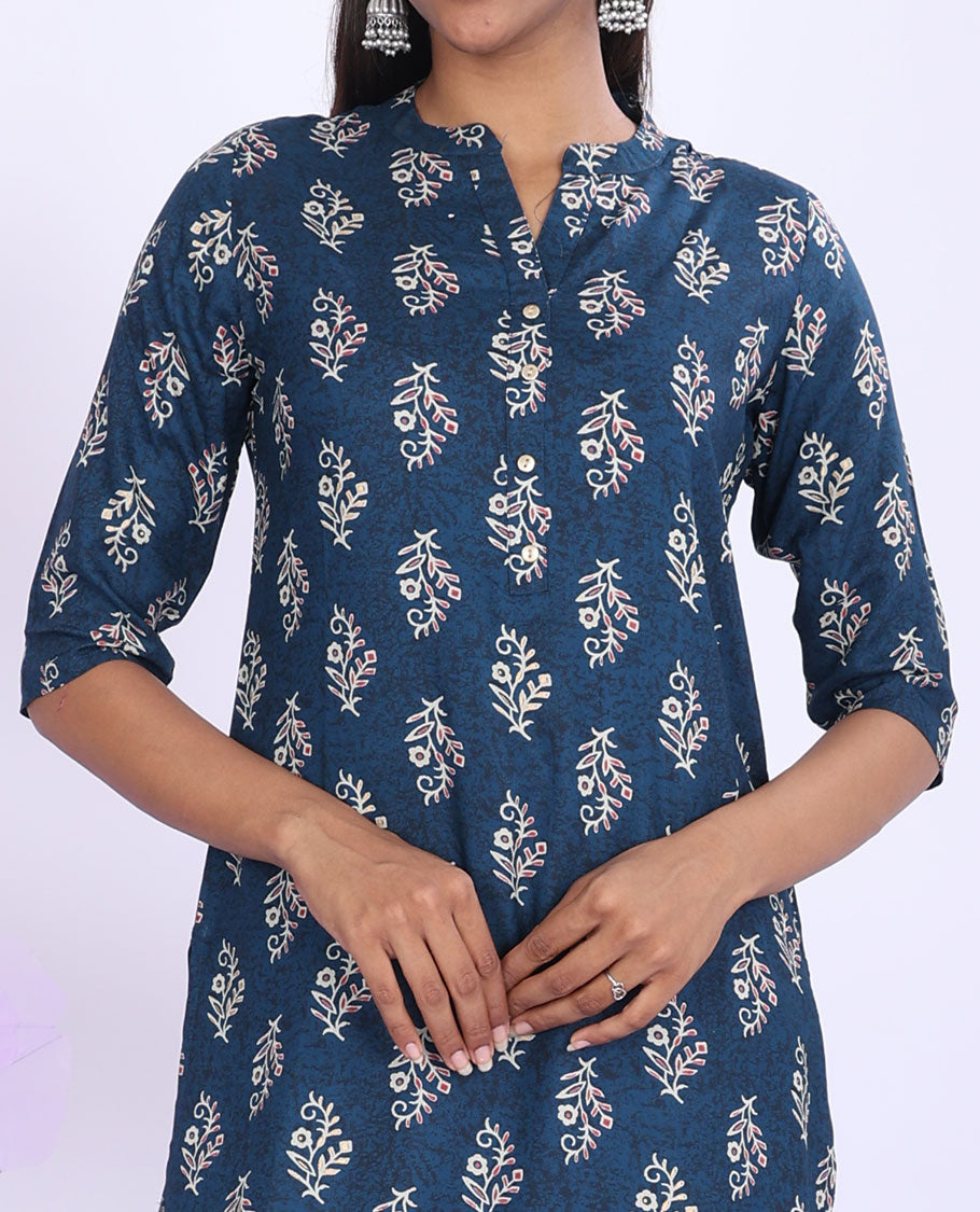 Twara blue floral motifs printed Chinese collar with 3/4th sleeve rayon straight-cut knee-length kurti