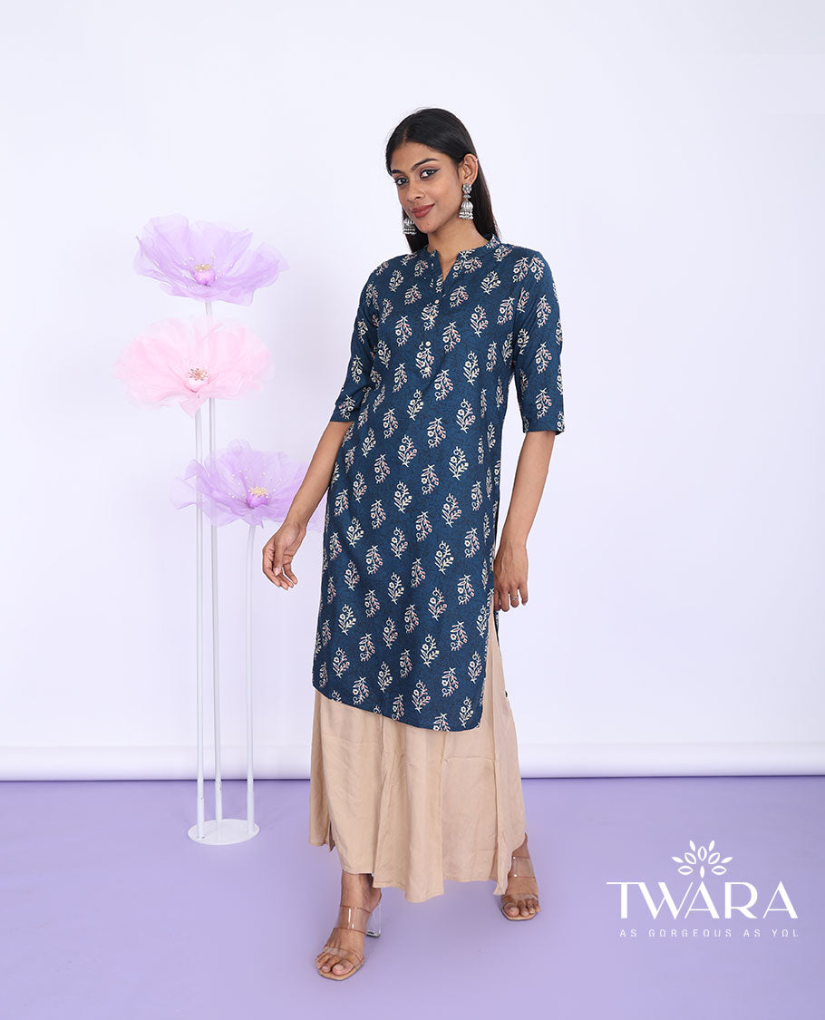 Twara blue floral motifs printed Chinese collar with 3/4th sleeve rayon straight-cut knee-length kurti
