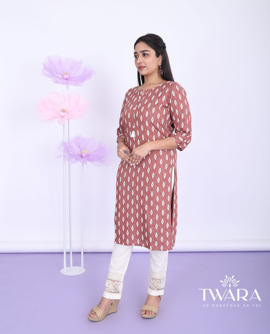 Twara rosewood color unique motifs printed round neck with 3/4th sleeve rayon straight-cut knee-length kurti