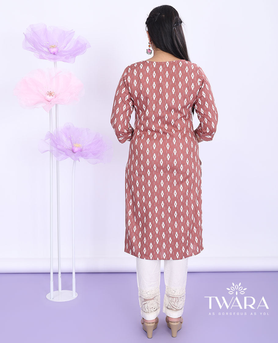 Twara rosewood color unique motifs printed round neck with 3/4th sleeve rayon straight-cut knee-length kurti