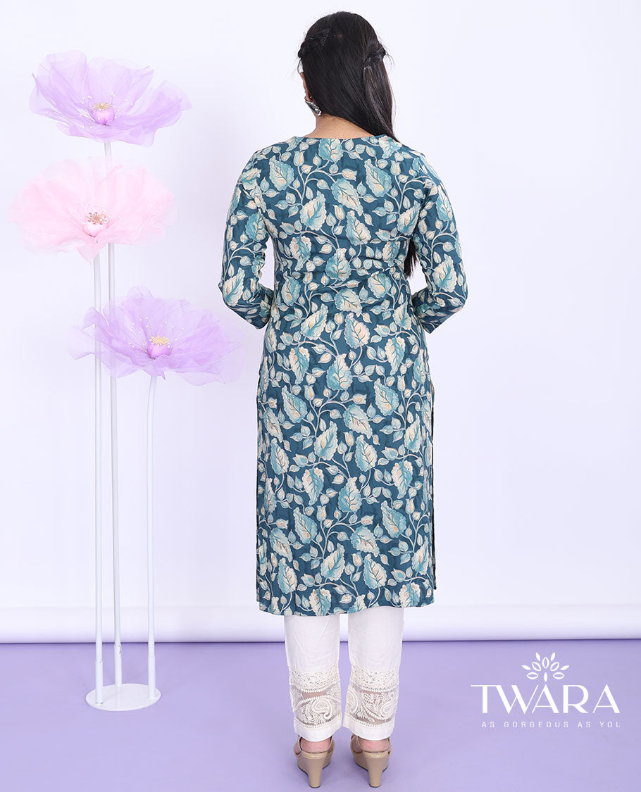 Twara green floral vine printed round neck with 3/4th sleeve cotton straight-cut below-knee kurti
