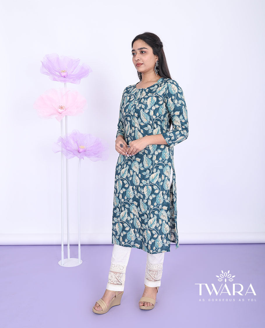 Twara green floral vine printed round neck with 3/4th sleeve cotton straight-cut below-knee kurti