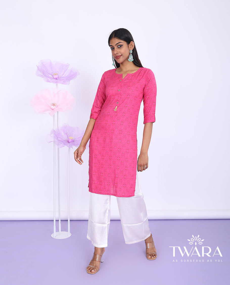 Twara pink ogee printed round neck with 3/4th sleeve rayon straight-cut knee-length kurti