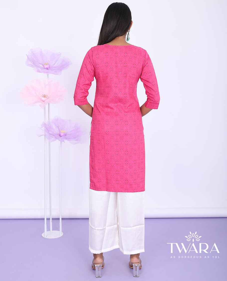 Twara pink ogee printed round neck with 3/4th sleeve rayon straight-cut knee-length kurti
