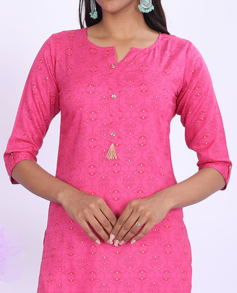 Twara pink ogee printed round neck with 3/4th sleeve rayon straight-cut knee-length kurti
