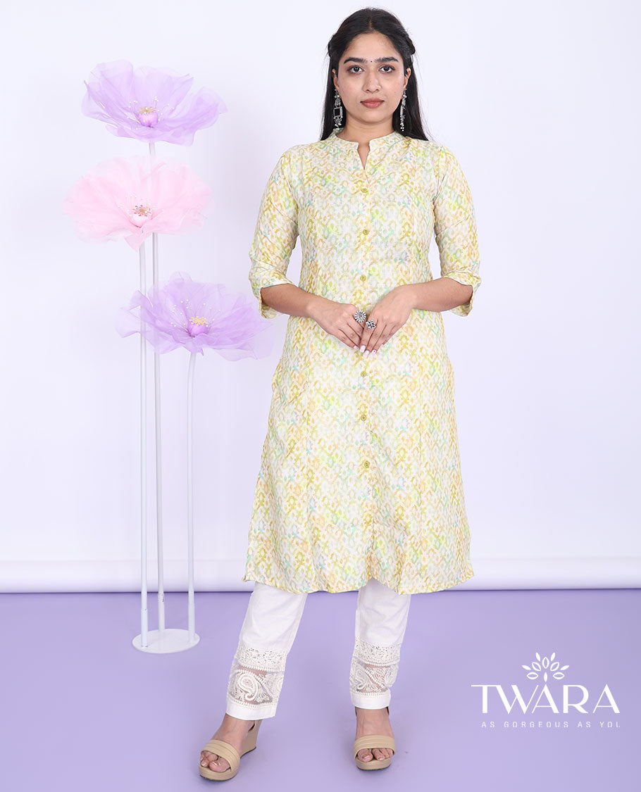 Twara yellow intricately printed Chinese collar with 3/4th sleeve cotton straight-cut below-knee kurti