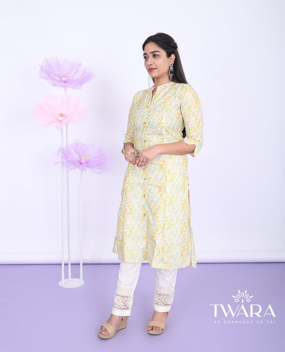 Twara yellow intricately printed Chinese collar with 3/4th sleeve cotton straight-cut below-knee kurti