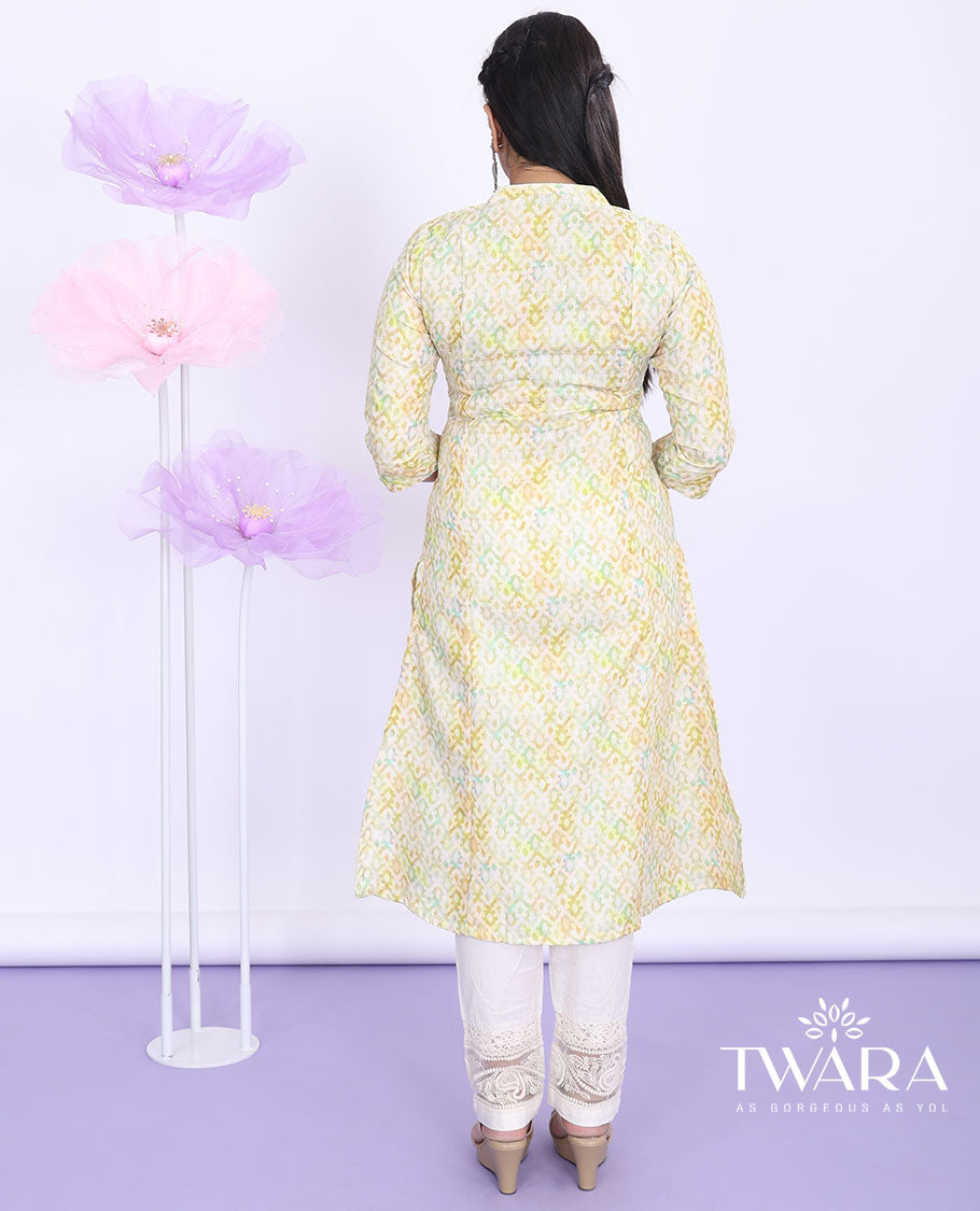 Twara yellow intricately printed Chinese collar with 3/4th sleeve cotton straight-cut below-knee kurti