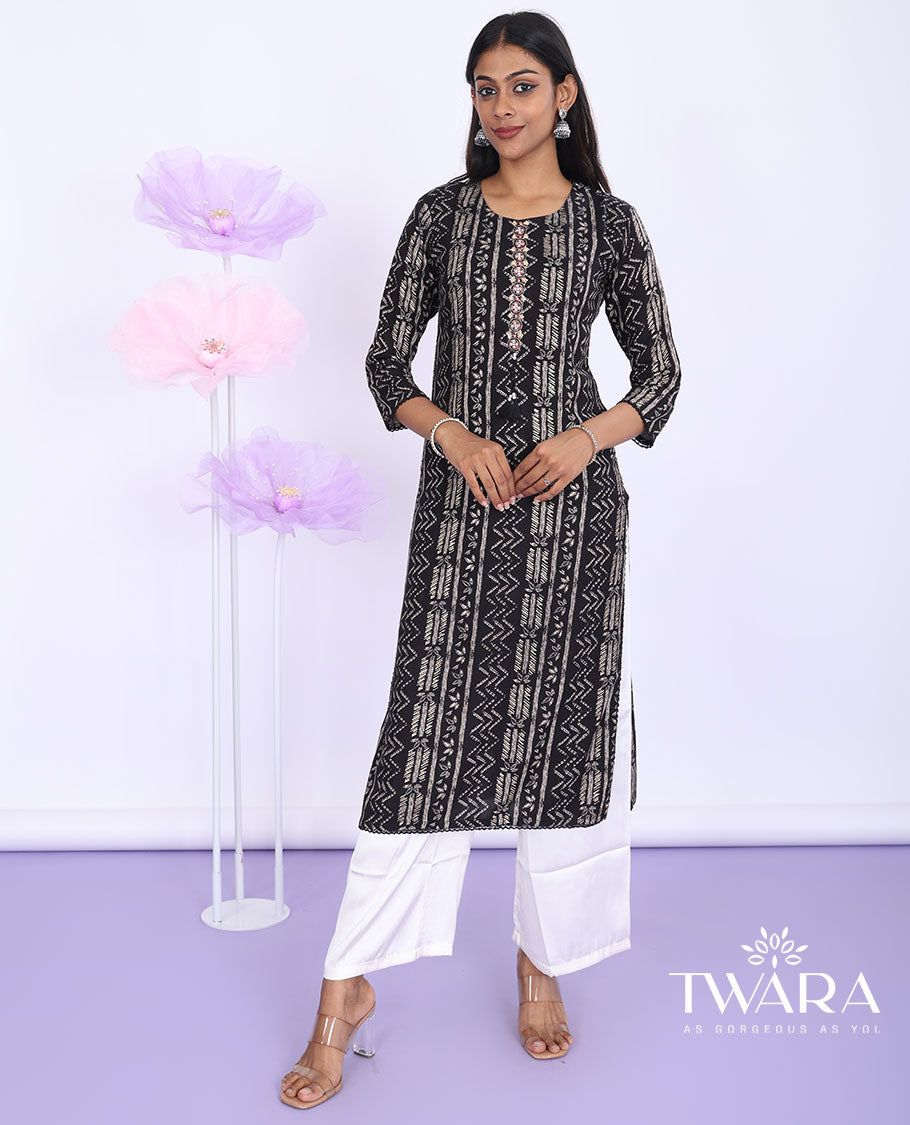 Twara black geometric printed & embroidered round neck with 3/4th sleeve Cotton straight-cut below-knee kurti