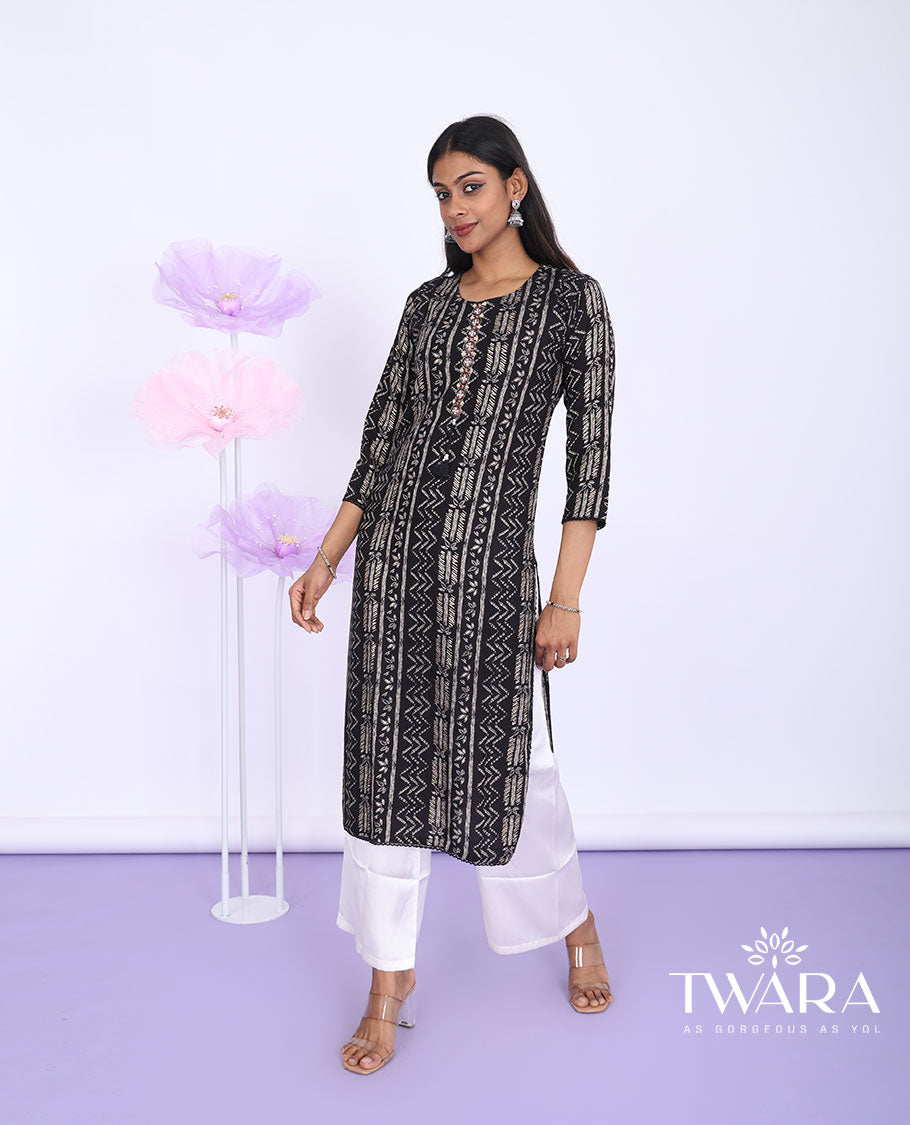 Twara black geometric printed & embroidered round neck with 3/4th sleeve Cotton straight-cut below-knee kurti