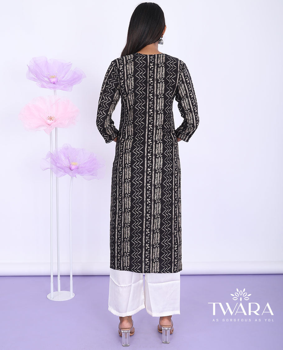 Twara black geometric printed & embroidered round neck with 3/4th sleeve Cotton straight-cut below-knee kurti