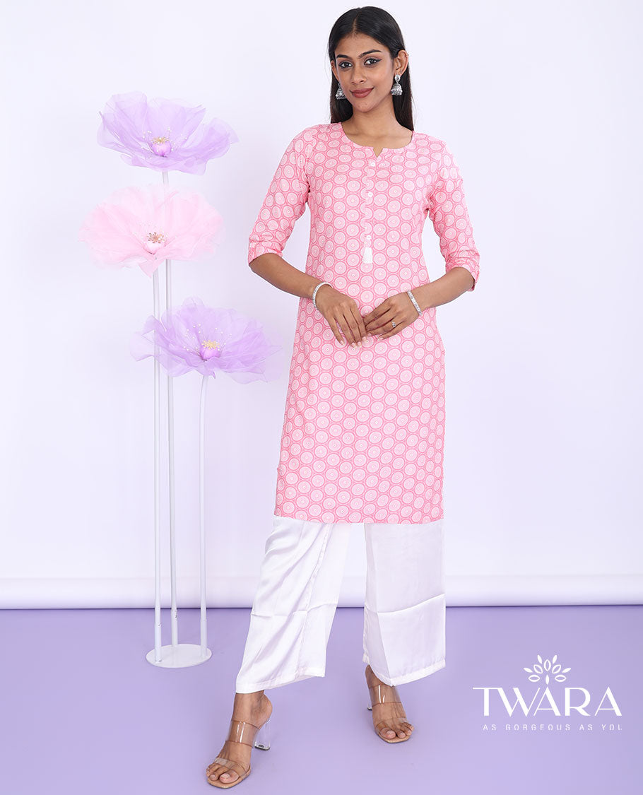 Twara blue chakram motifs printed with round neck 3/4th sleeve rayon straight-cut knee-length kurti