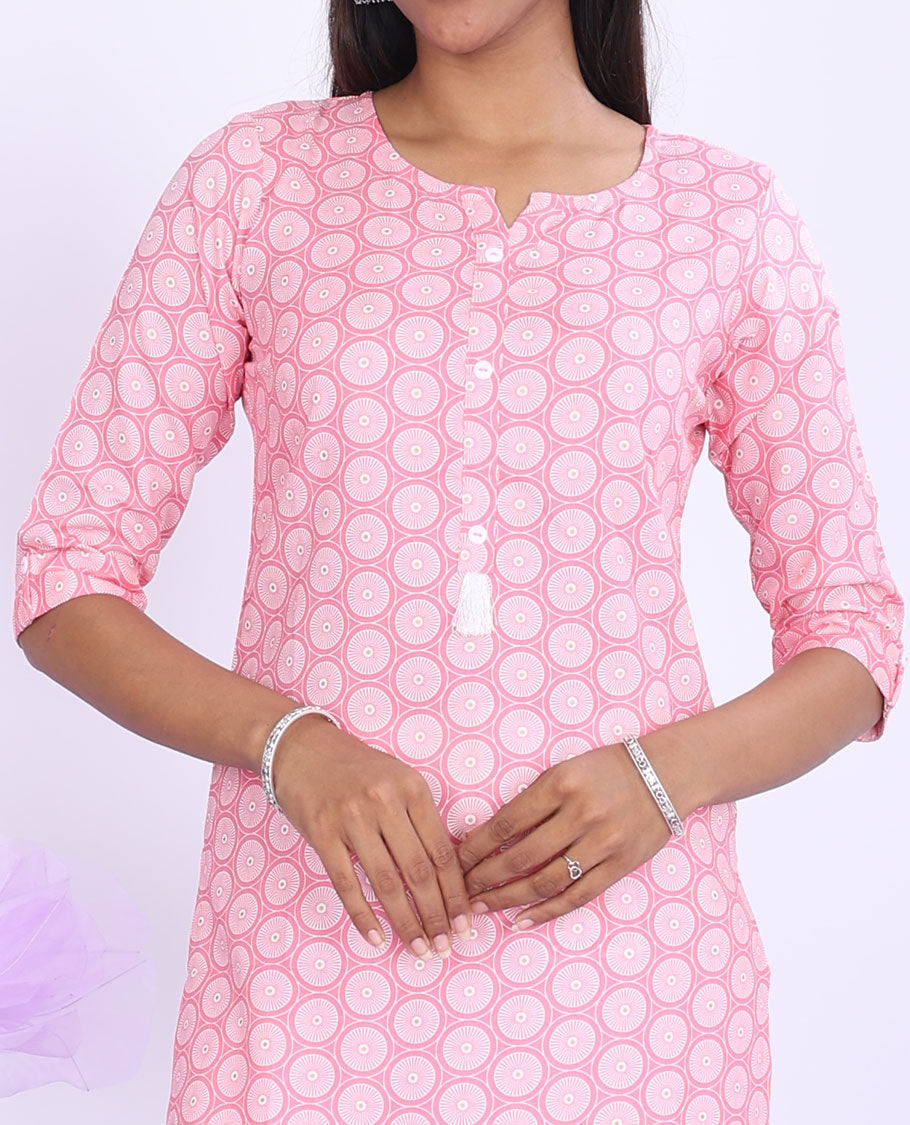 Twara blue chakram motifs printed with round neck 3/4th sleeve rayon straight-cut knee-length kurti