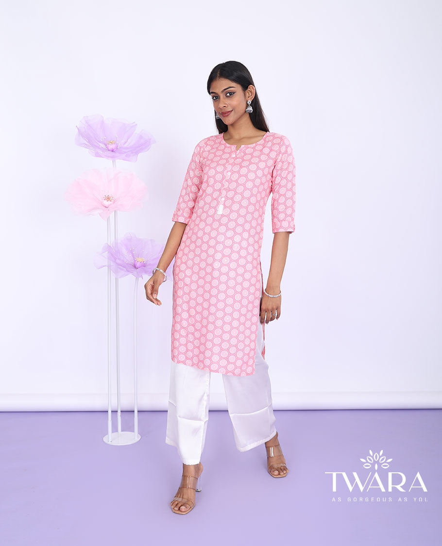 Twara blue chakram motifs printed with round neck 3/4th sleeve rayon straight-cut knee-length kurti